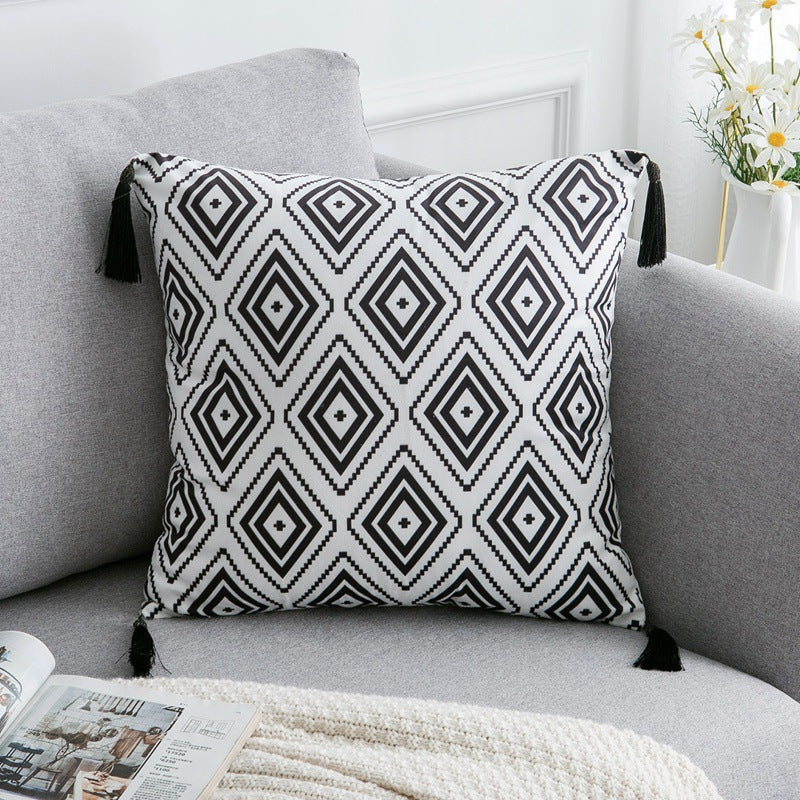 Black and White Boho Pillow Cover with Tassels – Style B