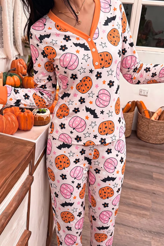 Halloween Pumpkin Pajamas — Pink Long-Sleeve Pants Set — product photo 2 | Organic Truth