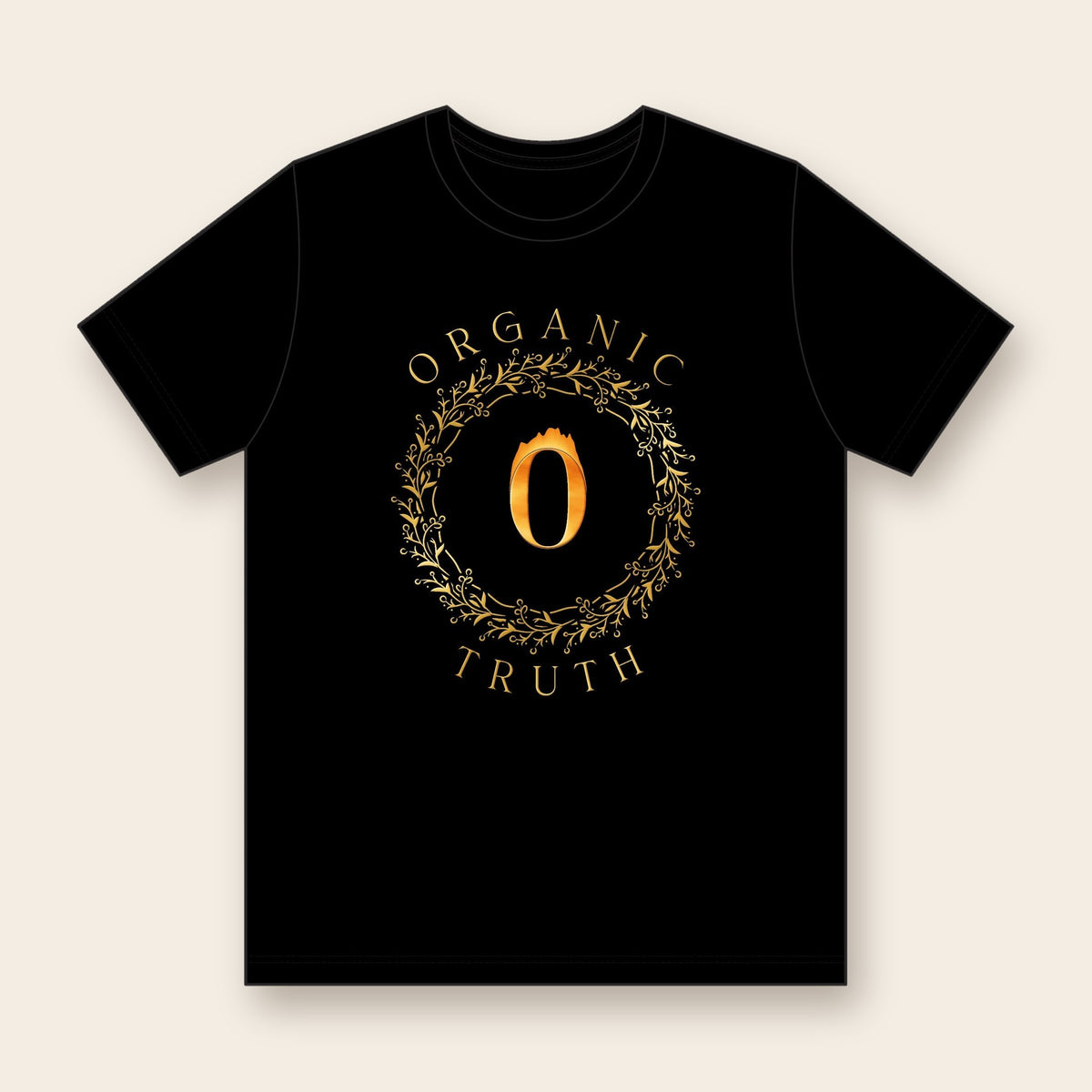 Gold Fire Logo performance tee in black, front: gold fire O logo in a laurel wreath on the chest