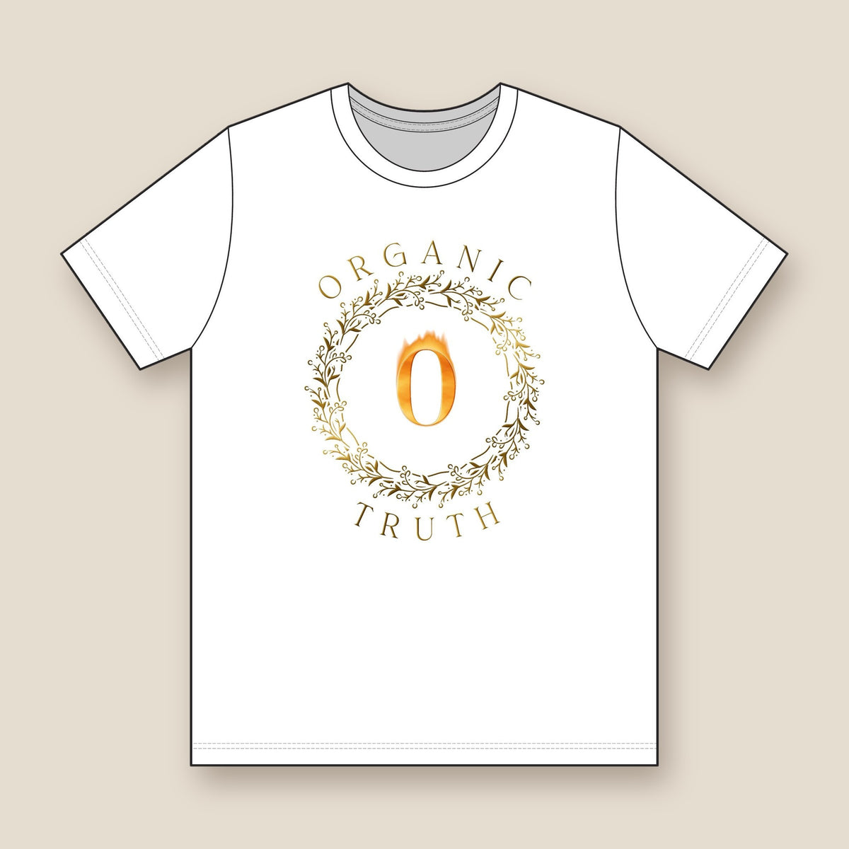 Gold Fire Logo performance tee in white, front: gold fire O logo in a laurel wreath on the chest
