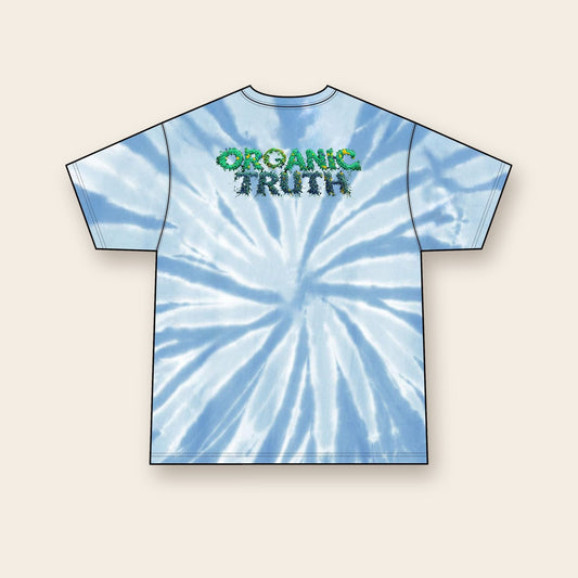 Blue Inky Cap mushroom tie-dye tee in Light Blue, back: ORGANIC TRUTH vine lettering