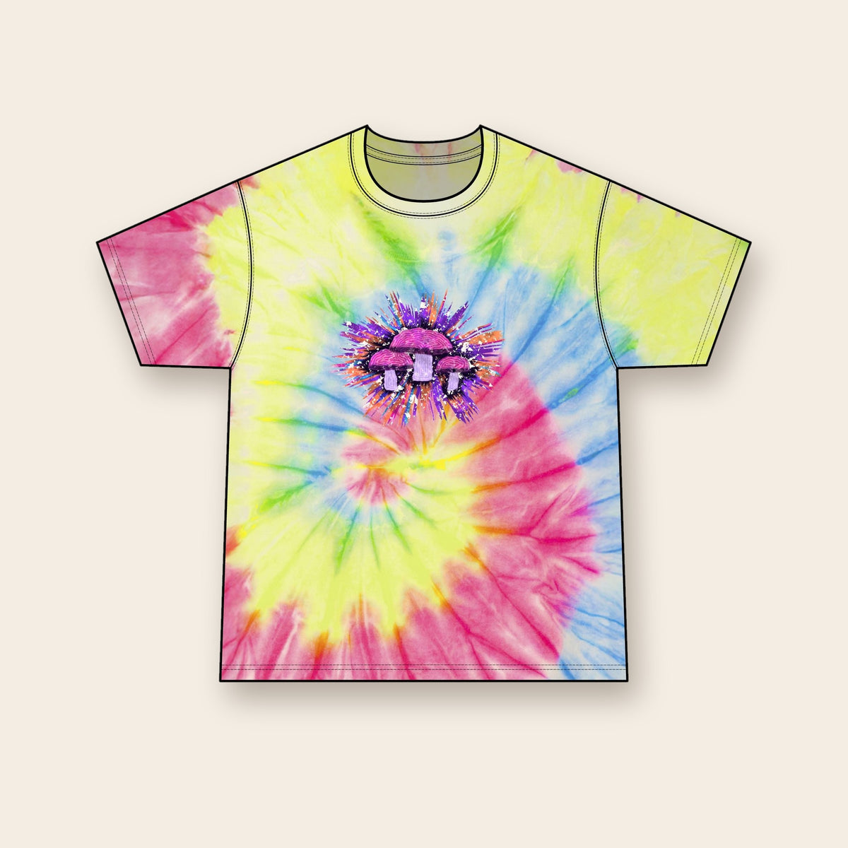 Galaxy Trio mushroom tie-dye tee in Neon Rainbow, front: a trio of mushrooms in cosmic purples