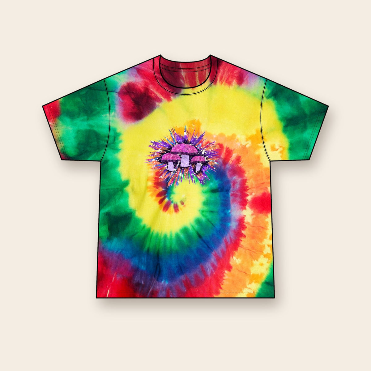 Galaxy Trio mushroom tie-dye tee in Rainbow, front: a trio of mushrooms in cosmic purples
