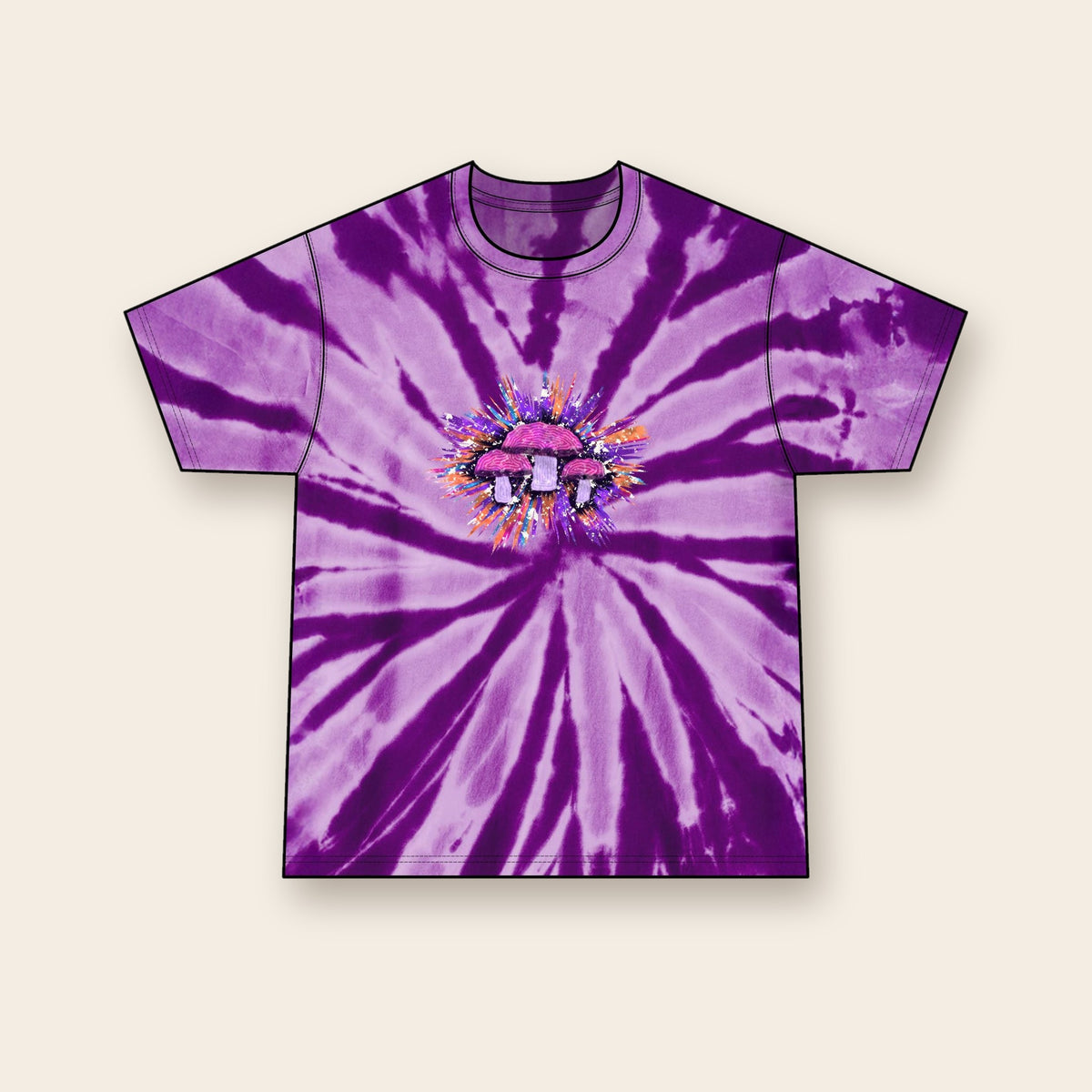 Galaxy Trio mushroom tie-dye tee in Purple, front: a trio of mushrooms in cosmic purples