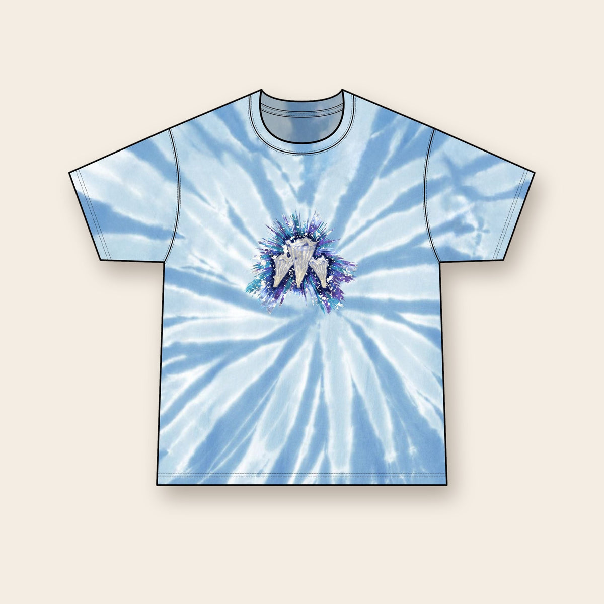Indigo Chanterelle mushroom tie-dye tee in Light Blue, front: a cluster of frilled chanterelle mushrooms in indigo