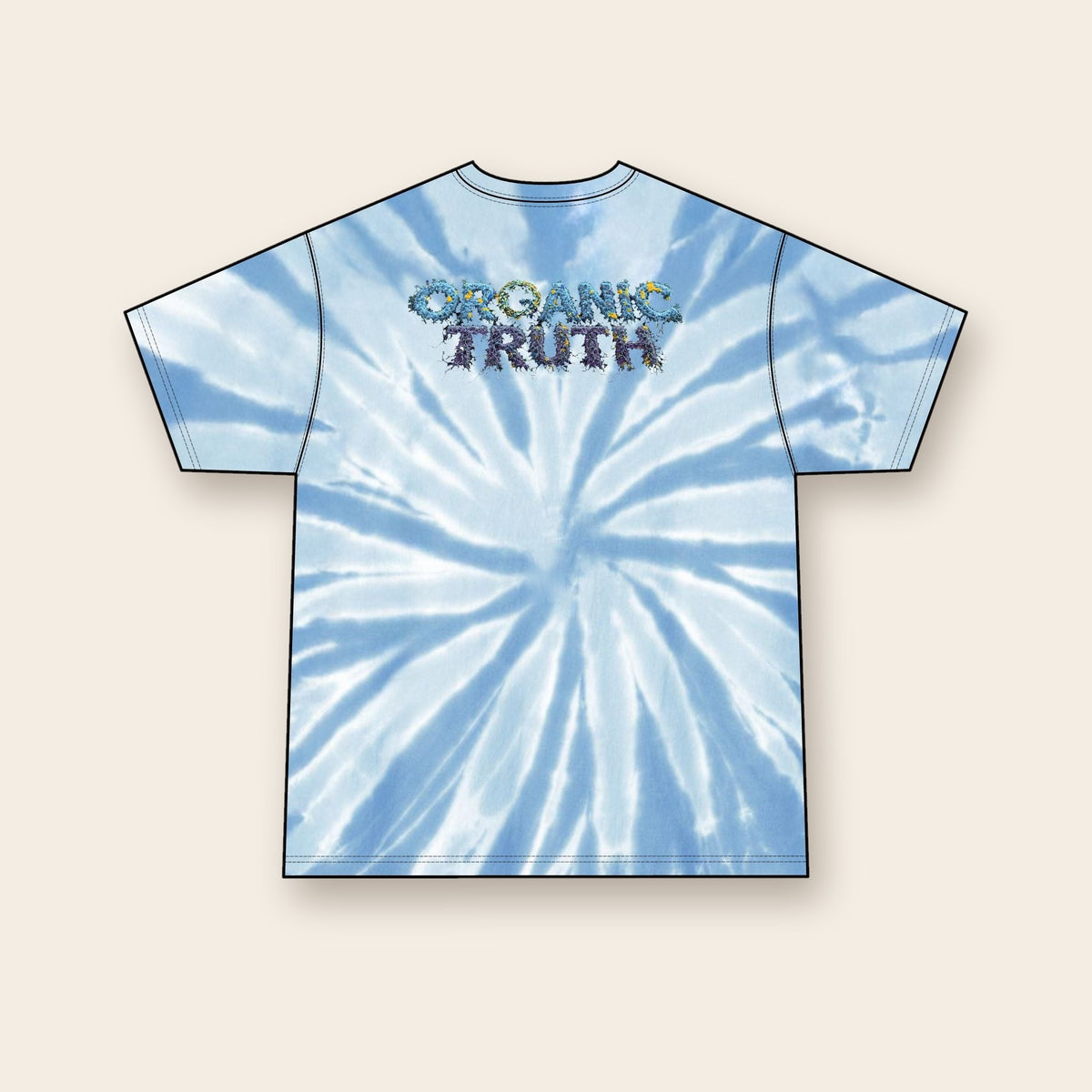 Indigo Chanterelle mushroom tie-dye tee in Light Blue, back: ORGANIC TRUTH vine lettering