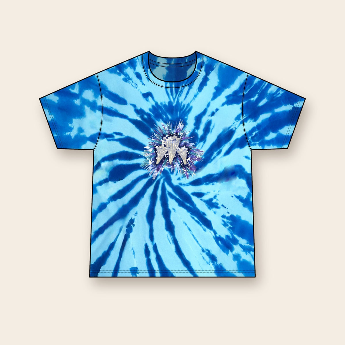 Indigo Chanterelle mushroom tie-dye tee in Royal, front: a cluster of frilled chanterelle mushrooms in indigo