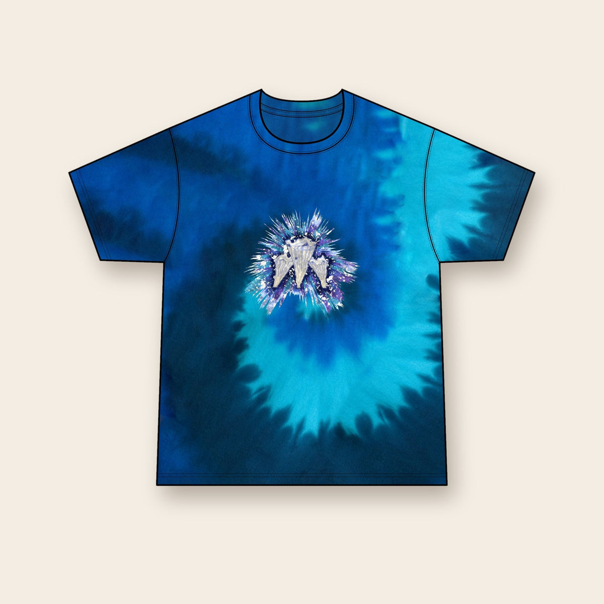 Indigo Chanterelle mushroom tie-dye tee in Ocean Rainbow, front: a cluster of frilled chanterelle mushrooms in indigo