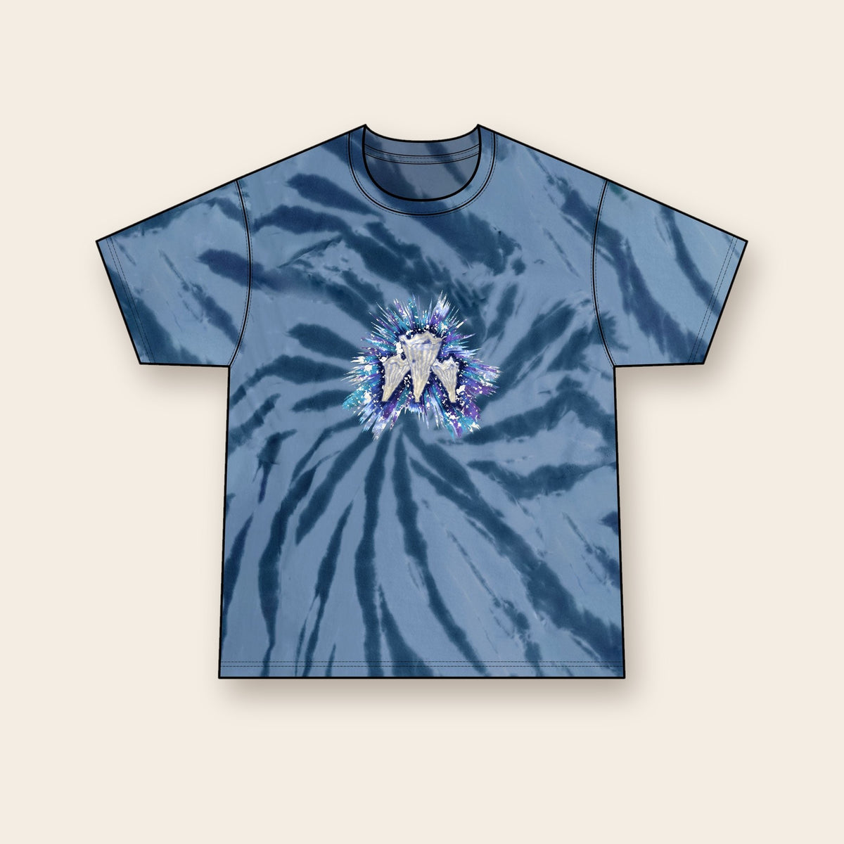 Indigo Chanterelle mushroom tie-dye tee in Navy, front: a cluster of frilled chanterelle mushrooms in indigo