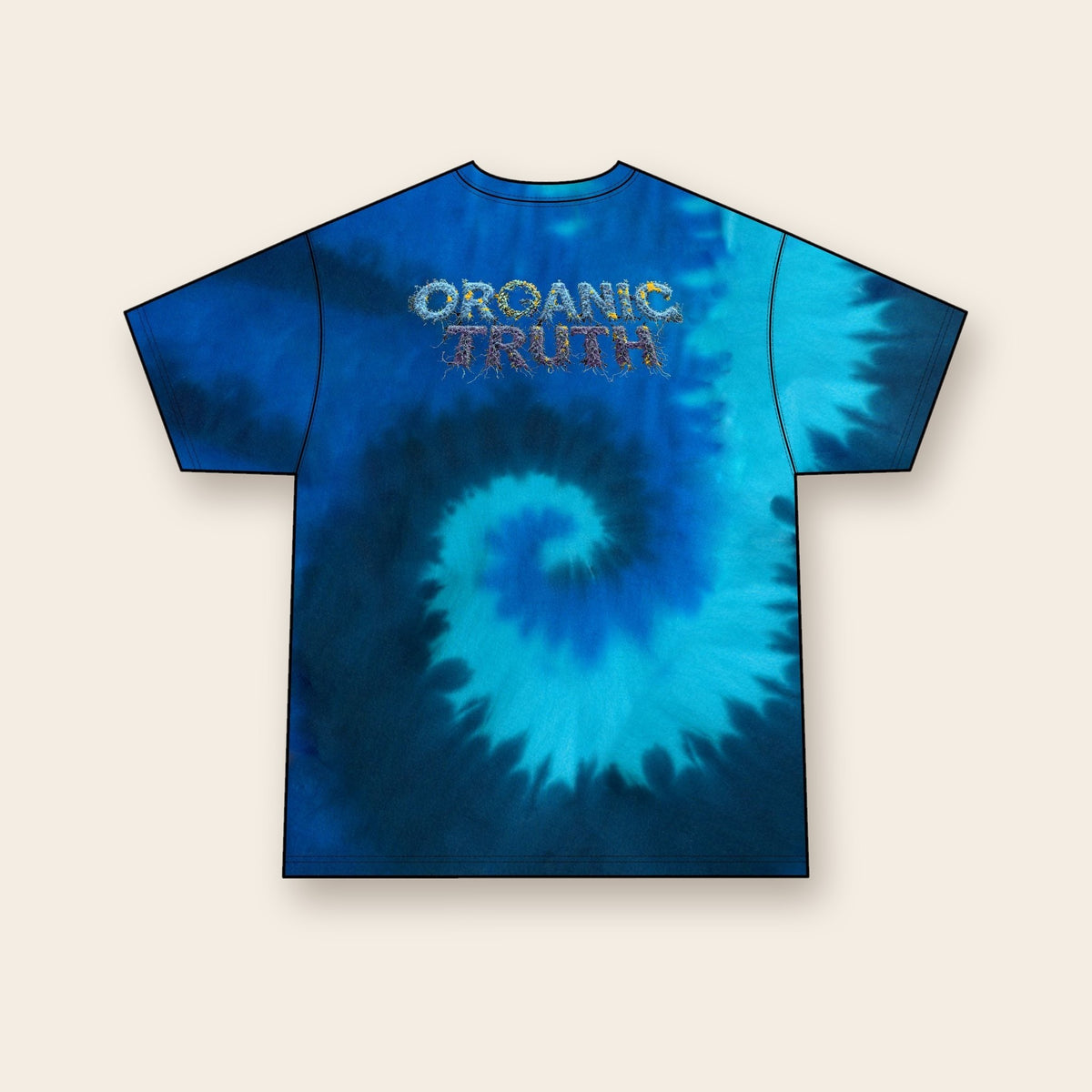 Indigo Chanterelle mushroom tie-dye tee in Ocean Rainbow, back: ORGANIC TRUTH vine lettering