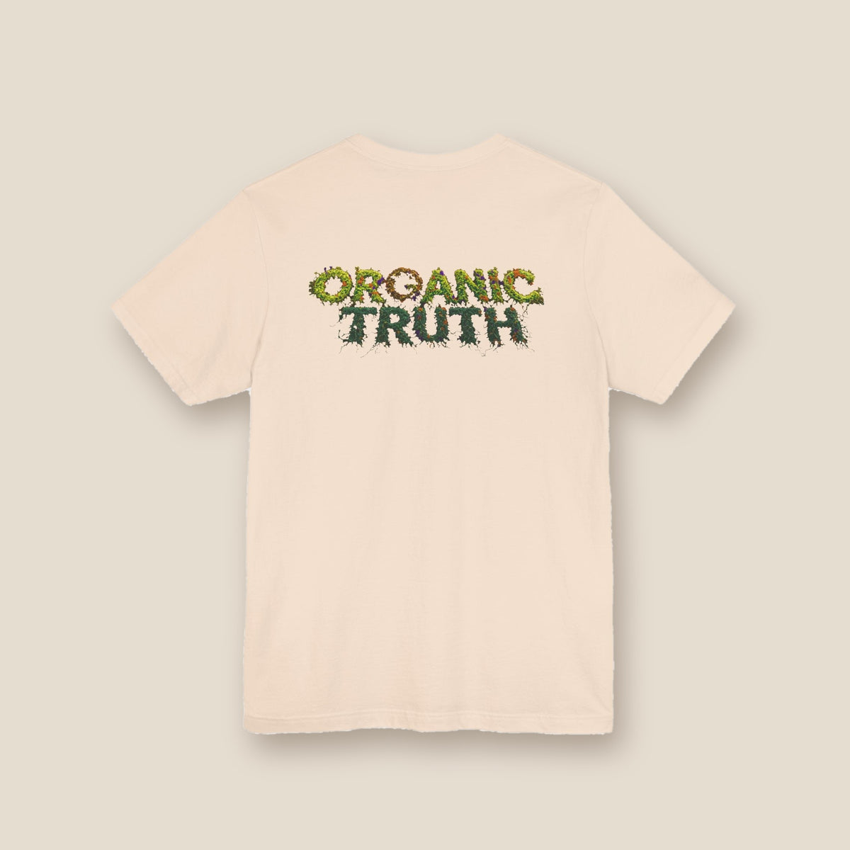 Dragon Eye graphic tee in soft cream, back: ORGANIC TRUTH vine lettering with fire accents