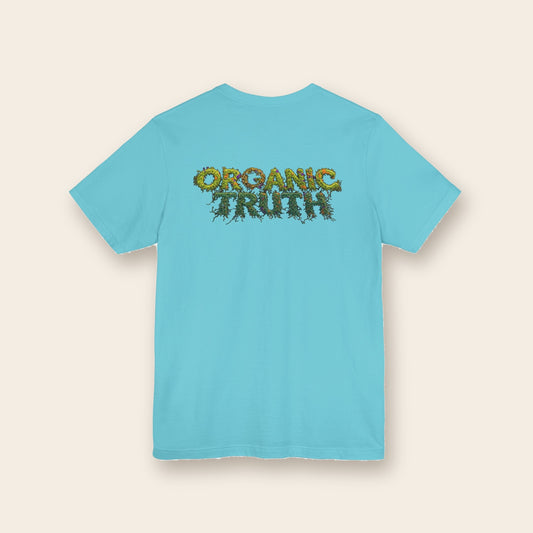 Dragon Eye graphic tee in turquoise, back: ORGANIC TRUTH vine lettering with fire accents