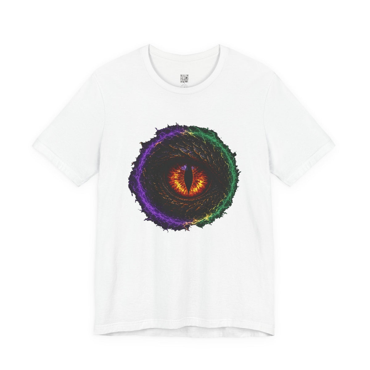 Dragon Eye graphic tee in white, front: fire-lit dragon eye in a lightning ring