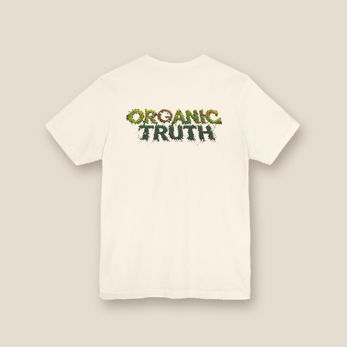 Dragon Eye graphic tee in natural, back: ORGANIC TRUTH vine lettering with fire accents