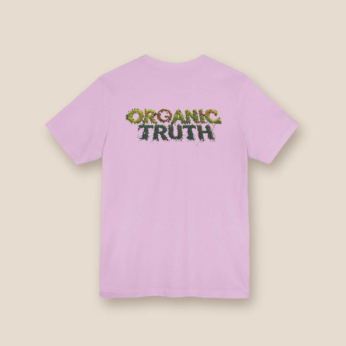Dragon Eye graphic tee in lilac, back: ORGANIC TRUTH vine lettering with fire accents