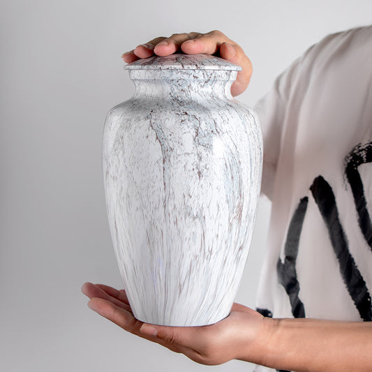 Aluminum Cremation Urn for Ashes – White Marble-Look Finish