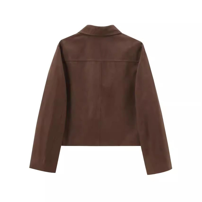 Faux Suede Jacket – Women's Boxy Short Shirt Jacket, Brown – view 5