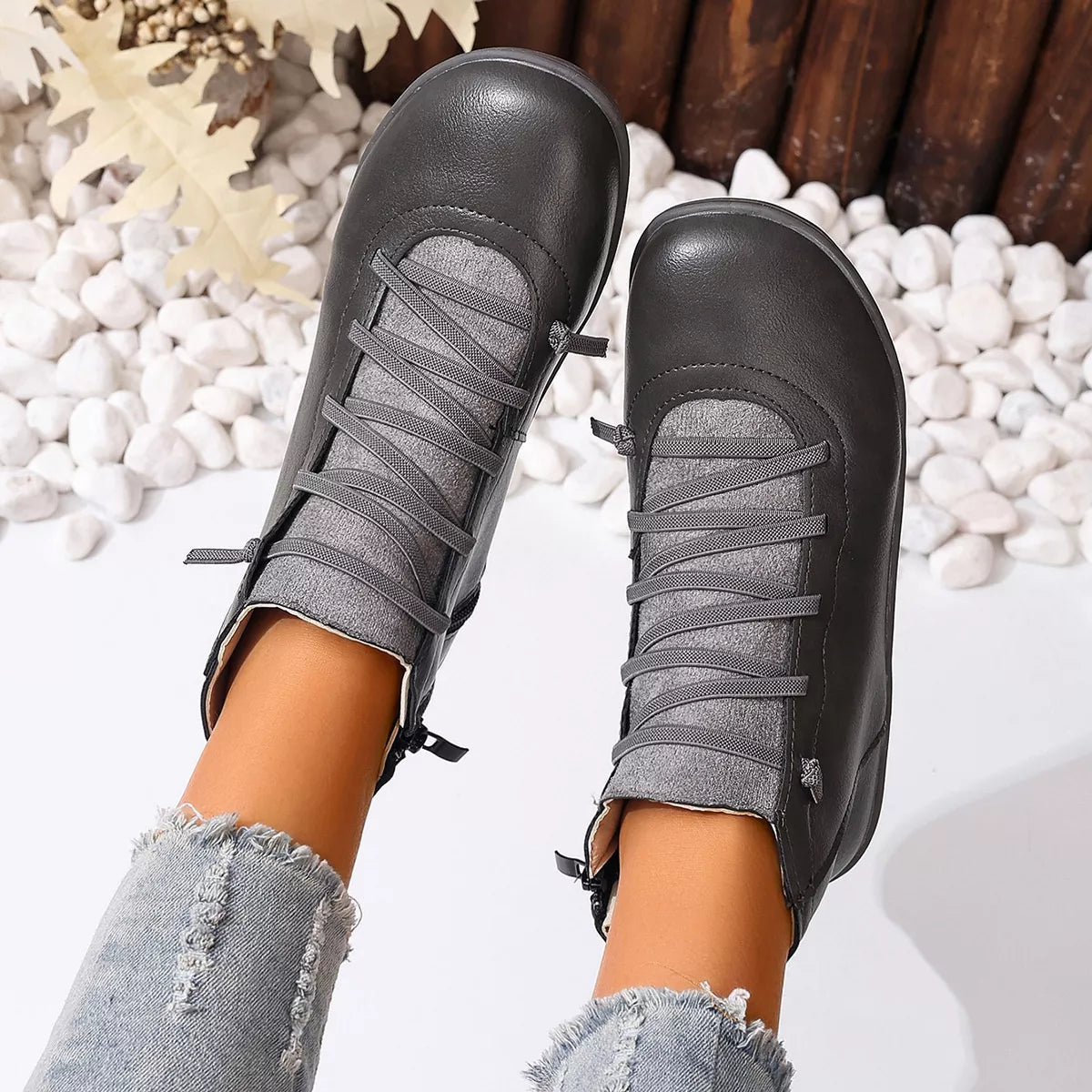 Faux Leather Ankle Boots – Lace-Up — view 30