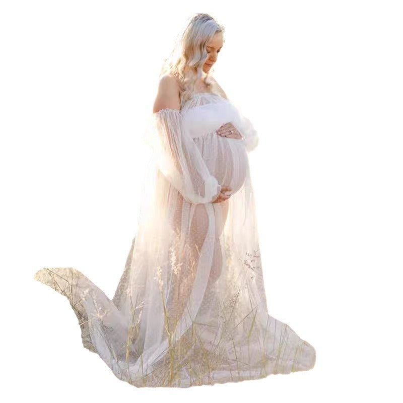 Dotted Mesh Off-Shoulder Maternity Gown – Puff-Sleeve Princess Maxi – view 4