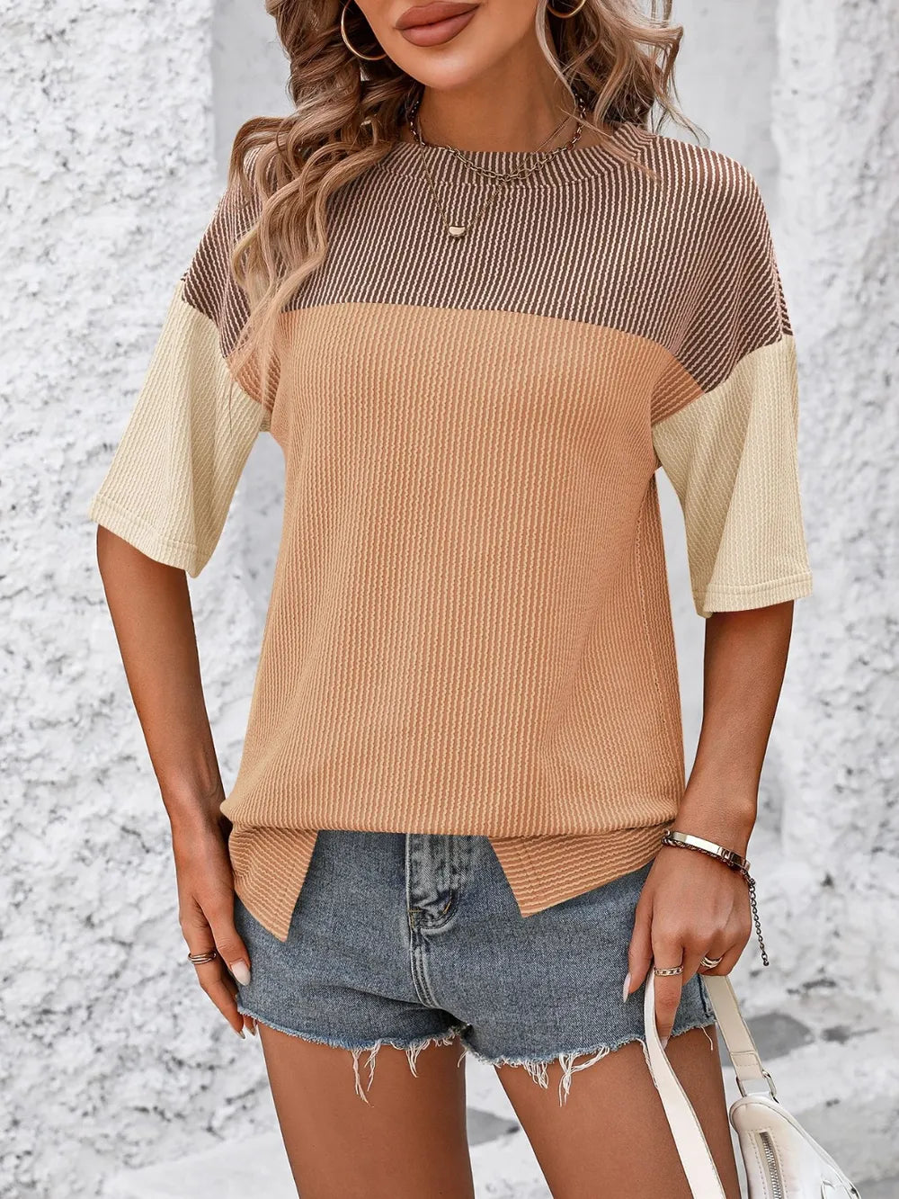 Color-block round-neck half-sleeve tee — view 16 | Organic Truth