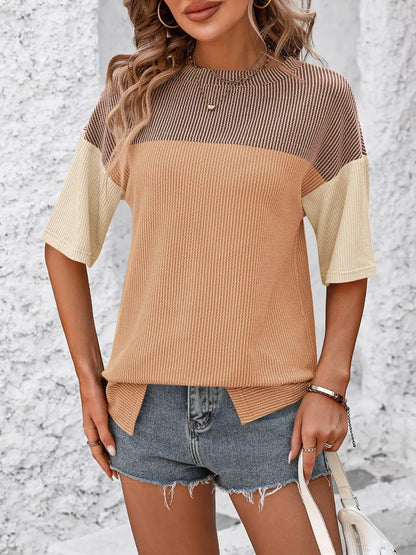 Color-block round-neck half-sleeve tee — view 16 | Organic Truth