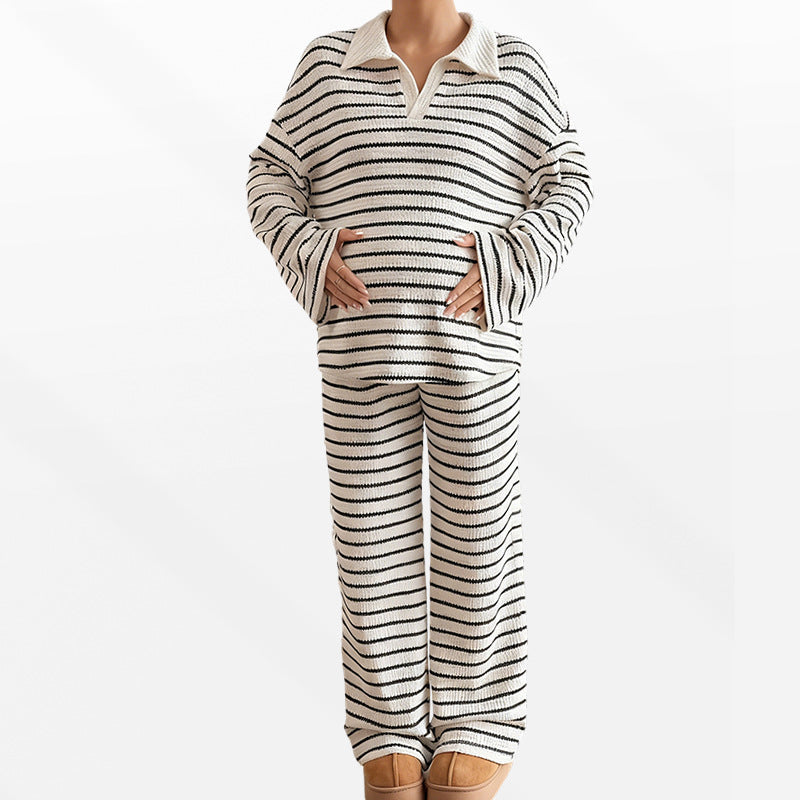 Maternity Knit Set – Striped Collared Top & Wide-Leg Pants