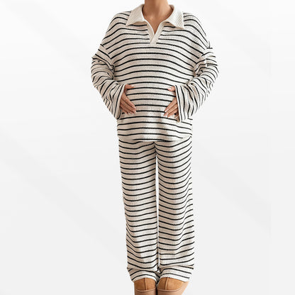 Maternity Knit Set – Striped Collared Top & Wide-Leg Pants