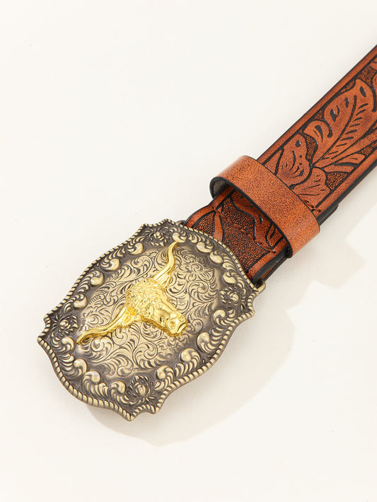 Longhorn Buckle Embossed Western Belt – Brown – view 2