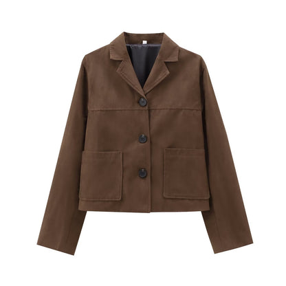 Faux Suede Jacket – Women's Boxy Short Shirt Jacket, Brown – view 3