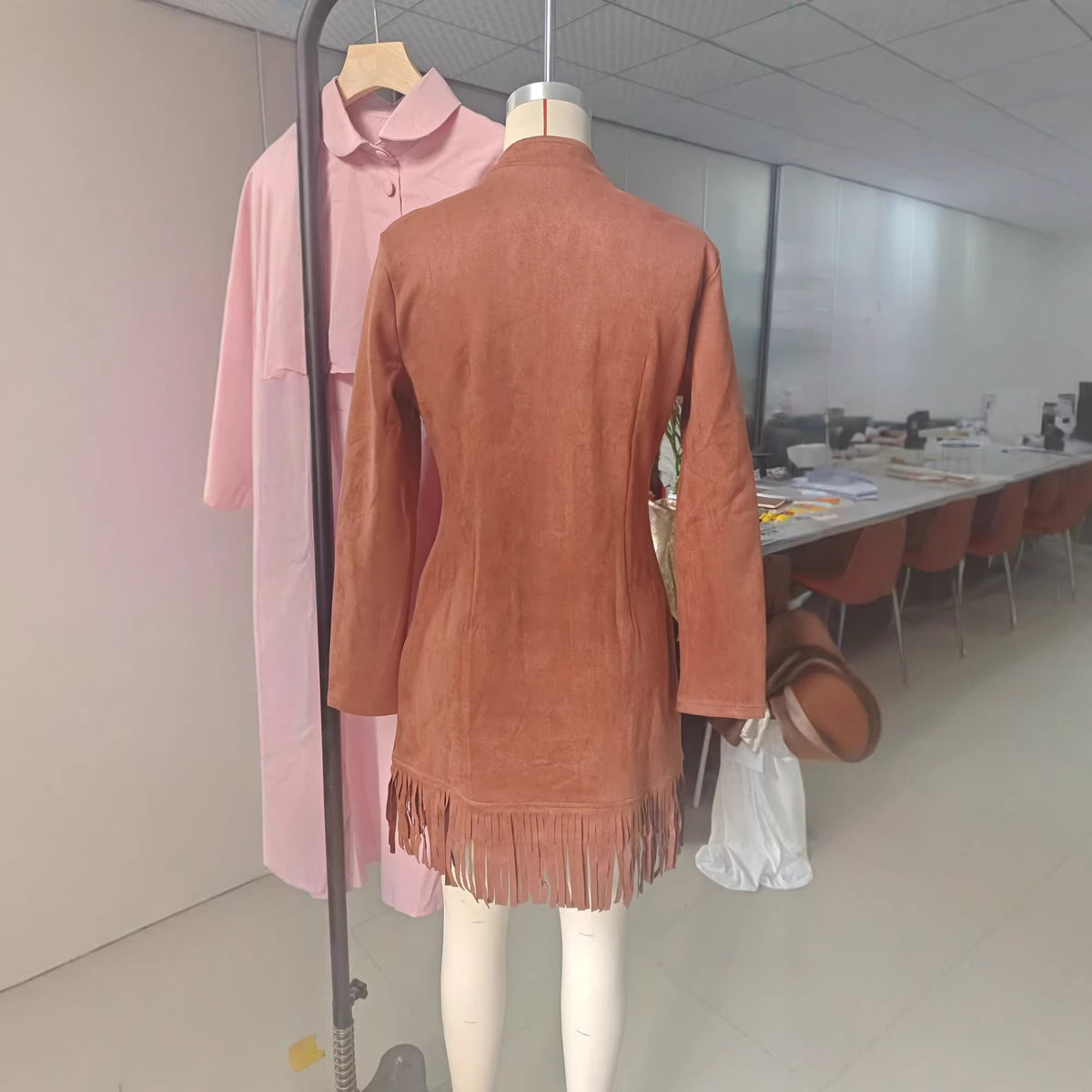 Western Fringe Mini Dress – Women's Faux Suede Zip Front – view 5