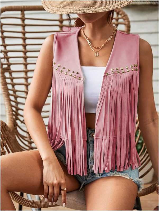 Faux Suede Fringe Vest – Women's Cropped, 6 Colors – view 4