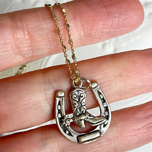 Lucky Horseshoe & Boot Pendant Necklace – Antique Silver-Tone