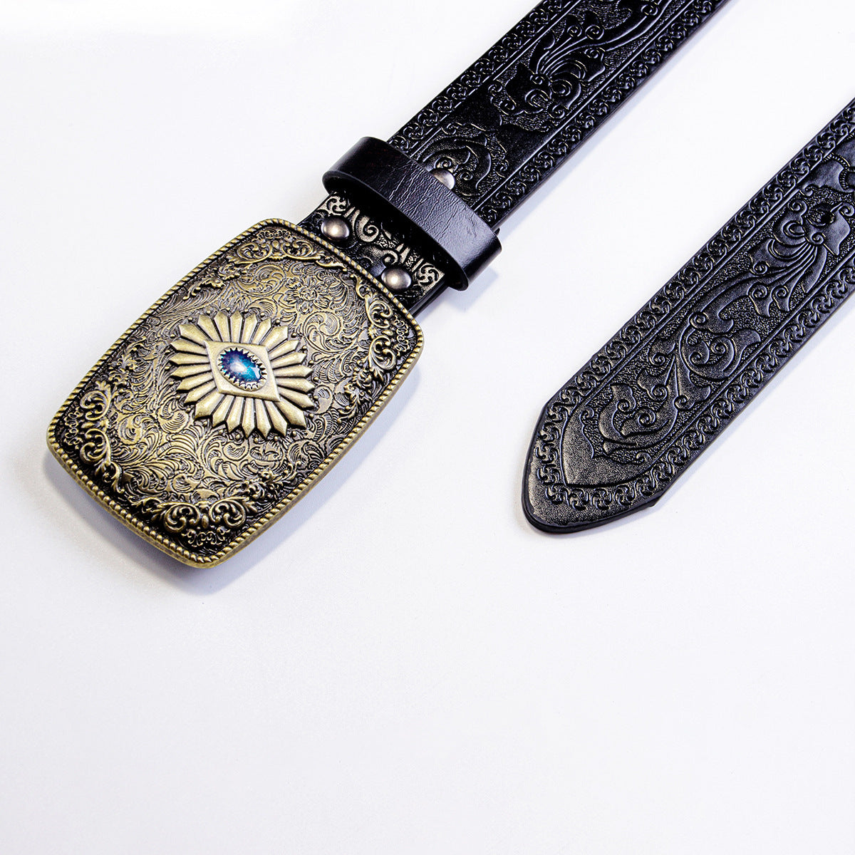 Engraved Plaque Buckle Western Belt – Black Embossed – view 5