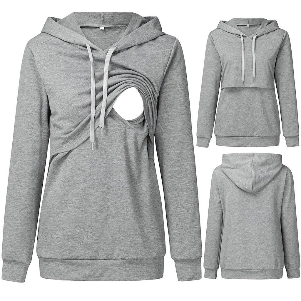 Nursing Hoodie – Side Slit Access, Solid Pullover – Gray