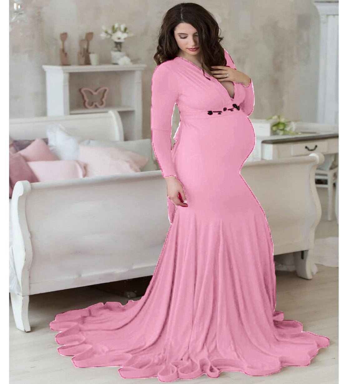 V-Neck Long-Sleeve Mermaid Maternity Gown – Trailing Photoshoot Dress – view 3
