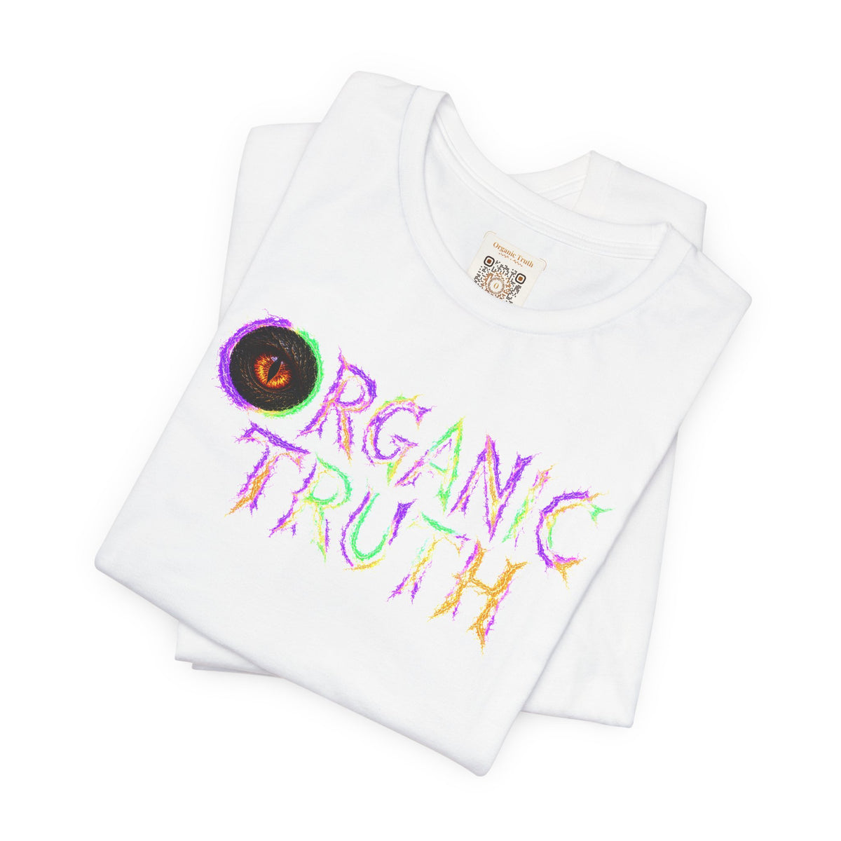 Lightning Eye cotton tee in white, folded, showing the neck label