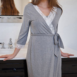 Wrap-Front Maternity Lounge Dress – Lace-Trim 3/4 Sleeve