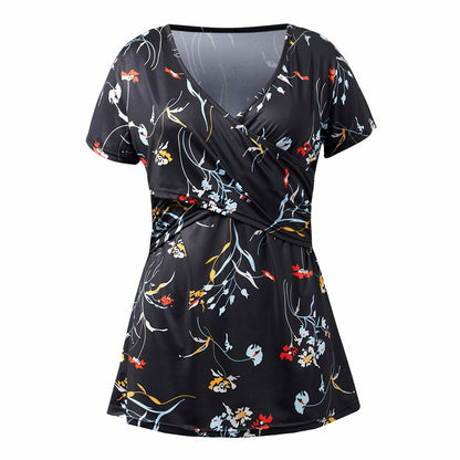 Crossover nursing top, short-sleeve dot and floral print – view 2