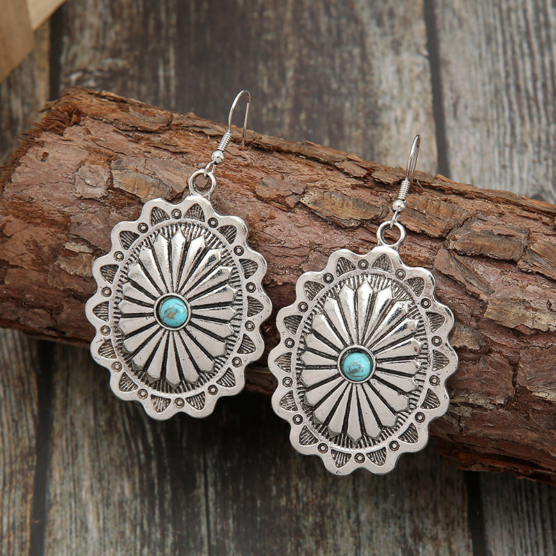 Concho Earrings – Blue-Green Stone-Look, Silver-Tone