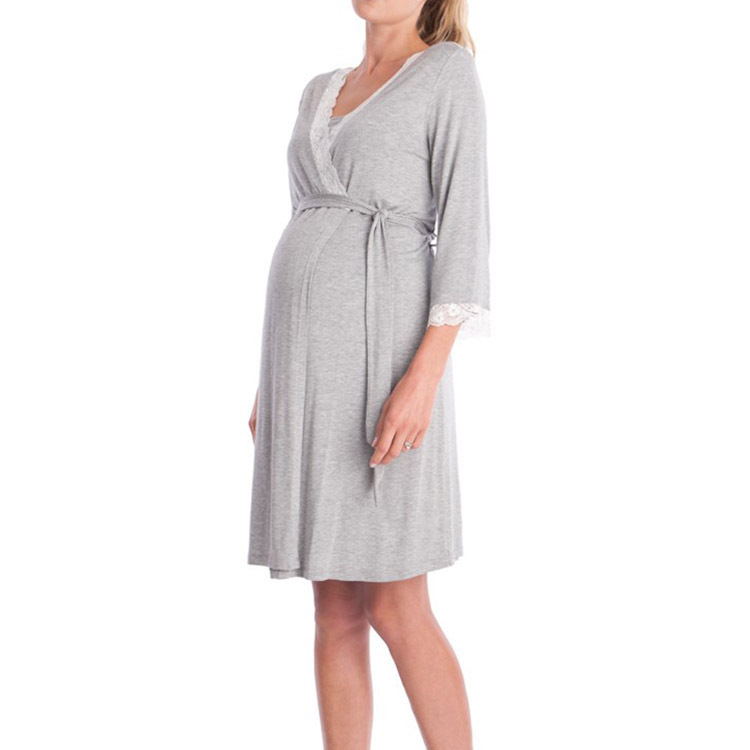 Wrap-Front Maternity Lounge Dress – Lace-Trim 3/4 Sleeve – view 4
