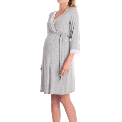 Wrap-Front Maternity Lounge Dress – Lace-Trim 3/4 Sleeve – view 4