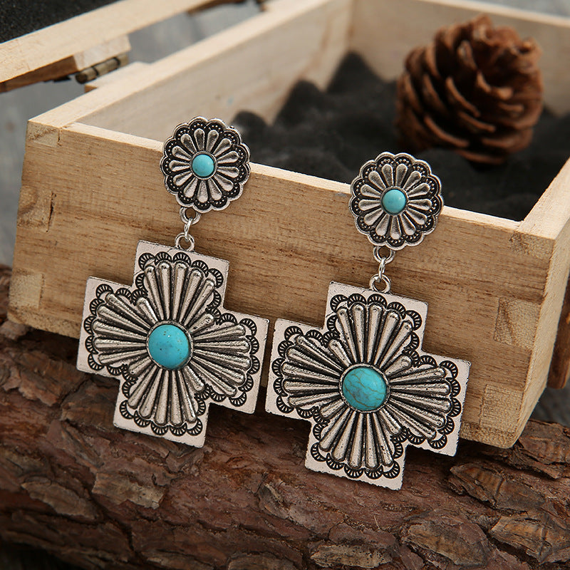 Concho Cross Earrings – Blue-Green Stone-Look, Silver-Tone – view 3