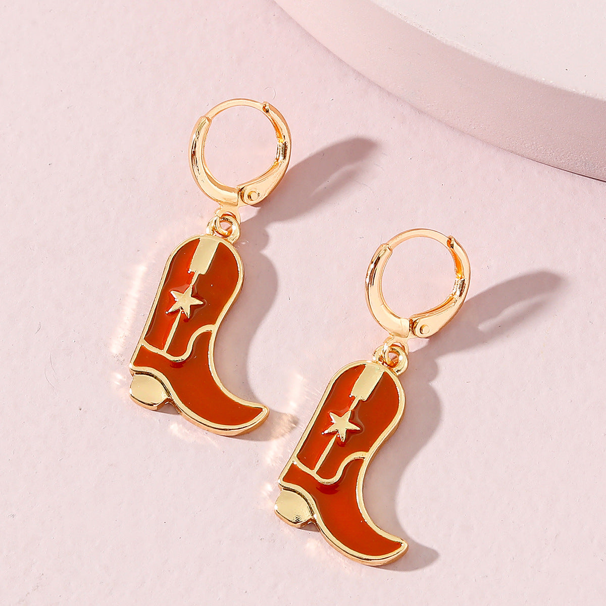Cowgirl Boot Earrings – Enamel Huggie Hoops, Red-Orange