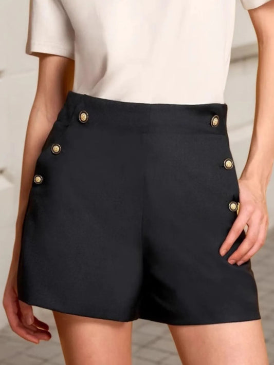 High-Waisted Shorts – Decorative Button Pocketed