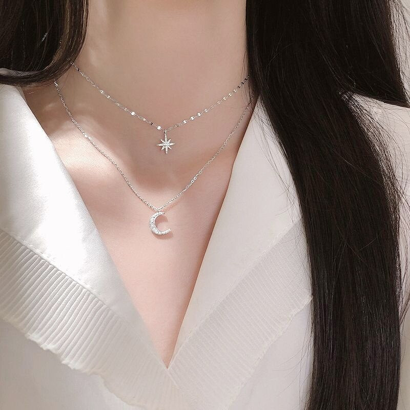 Double-Layer Moon & Star Necklace – Celestial Mama Gift