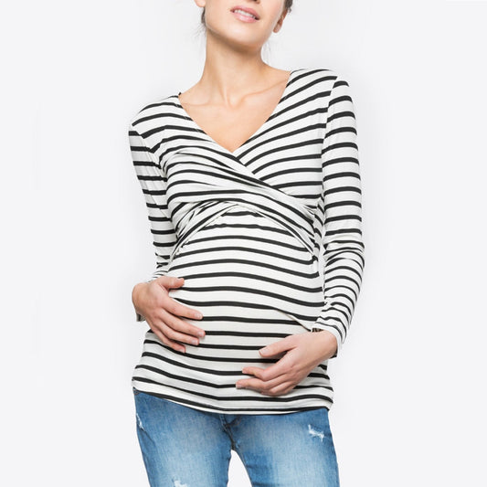 Striped Wrap Nursing Top – Long-Sleeve V-Neck