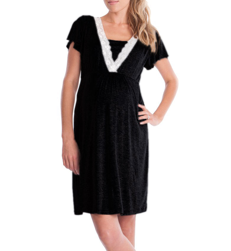 Lace V-Neck Nursing Dress – Short-Sleeve Knee-Length
