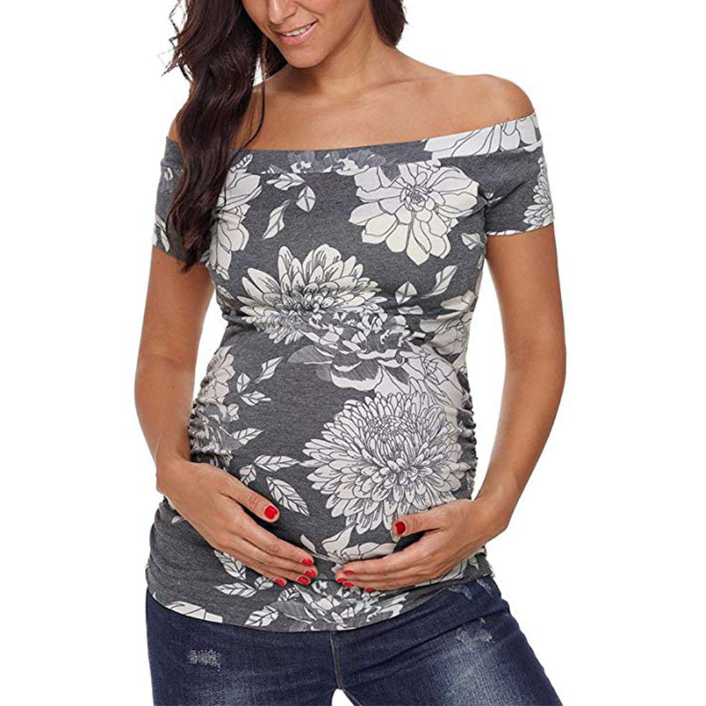 Off-Shoulder Ruched Maternity Top – Short-Sleeve Tee