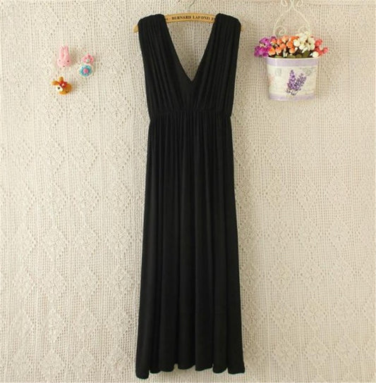 Modal V-Neck Maternity Long Dress – Sleeveless Shirred Waist – view 2