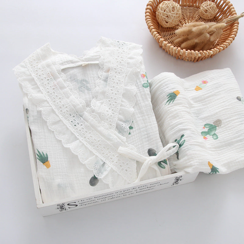 Postpartum Lounge Set – Crossover Nursing Kimono, Cotton – White